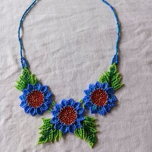 Handmade seed bead flower necklace mexican art, blue, green and Brown